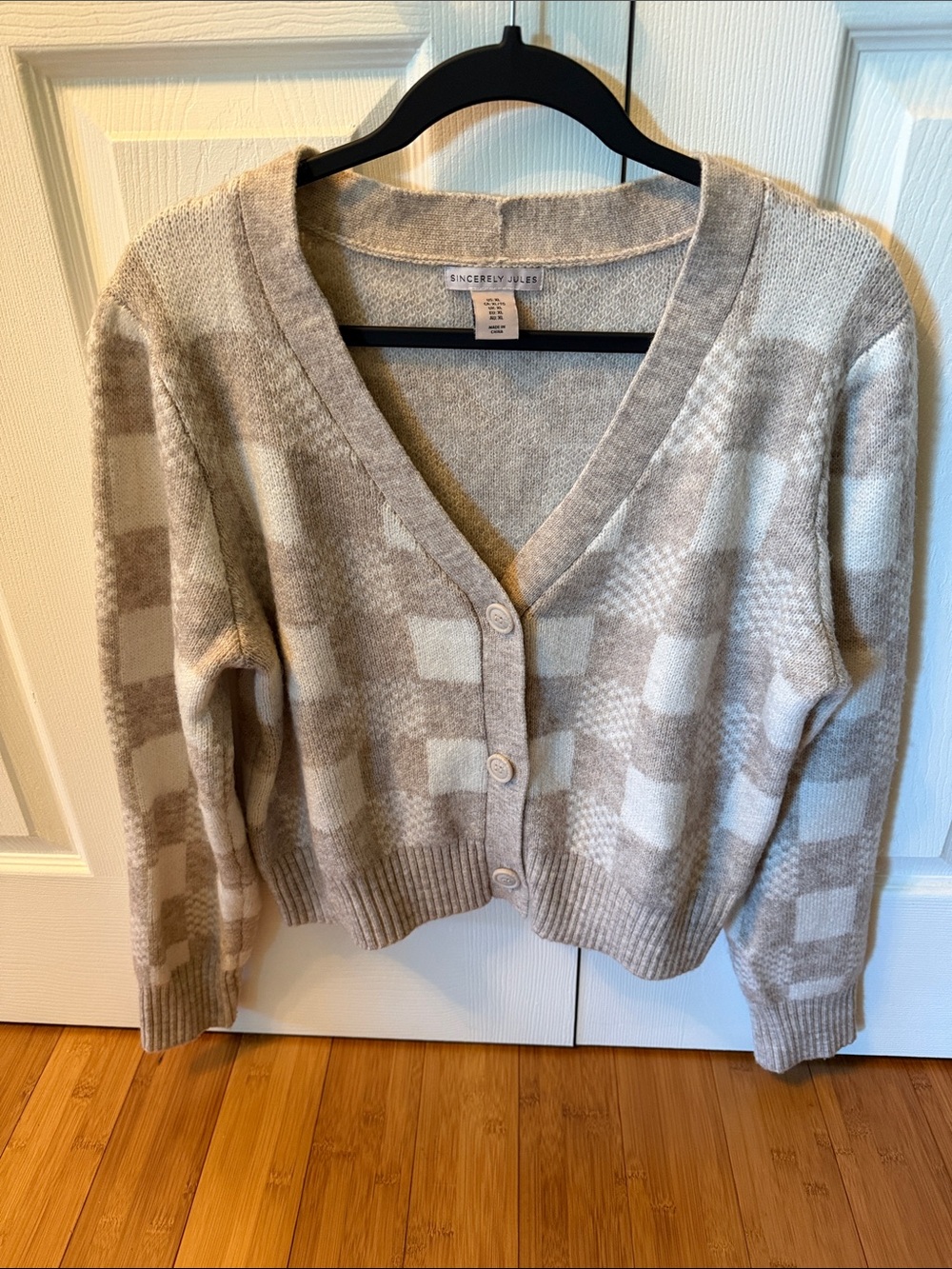 Sincerely Jules Cream and Taupe Checkerboard V-Neck Cardigan